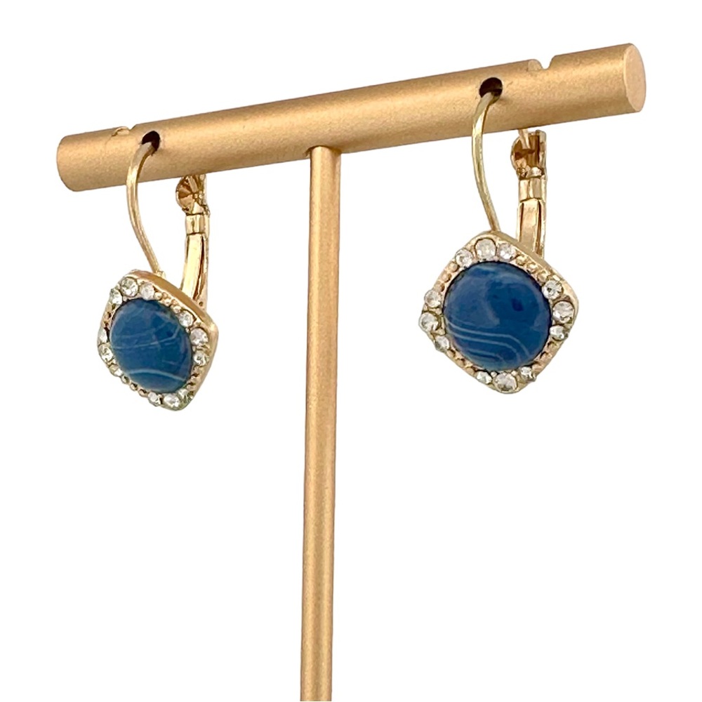 NWT - Avenue - Blue Swirl Stone & CZ Gold-Toned Lever Back Drop Earrings